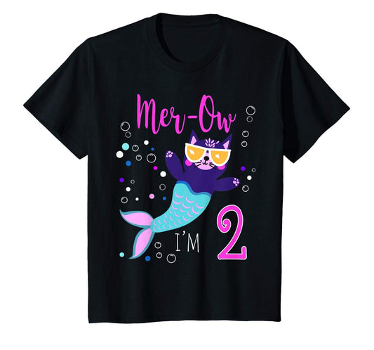 Kids  Mer-Ow Mermaid Cat Meow Birthday Party Premium T-Shirt All Ages 1 2 3 4 5 6 7 8 9 10 11 12 Years Old