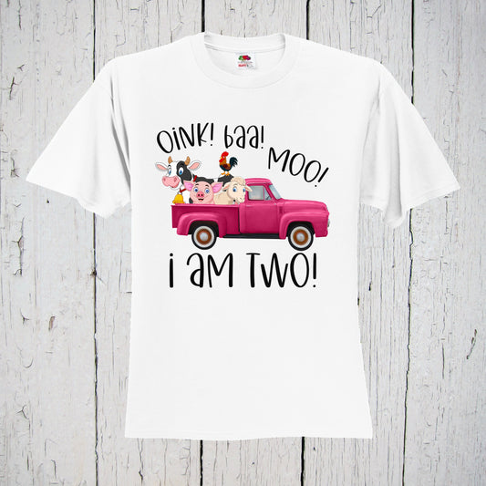 Oink Baa Moo I Am Two, Birthday Girl Shirt, Pink Truck, 2nd Farm Birthday Party, Barnyard Animals, Girl’s Truck, Second Birthday Tee, I Am 2