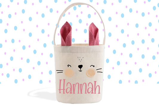 Girl's Easter Basket, Pink Bunny Ears, Custom Easter Gift Basket, Easter Basket, Personalized Name, Easter Bunny Bag, Linen Basket for Girls