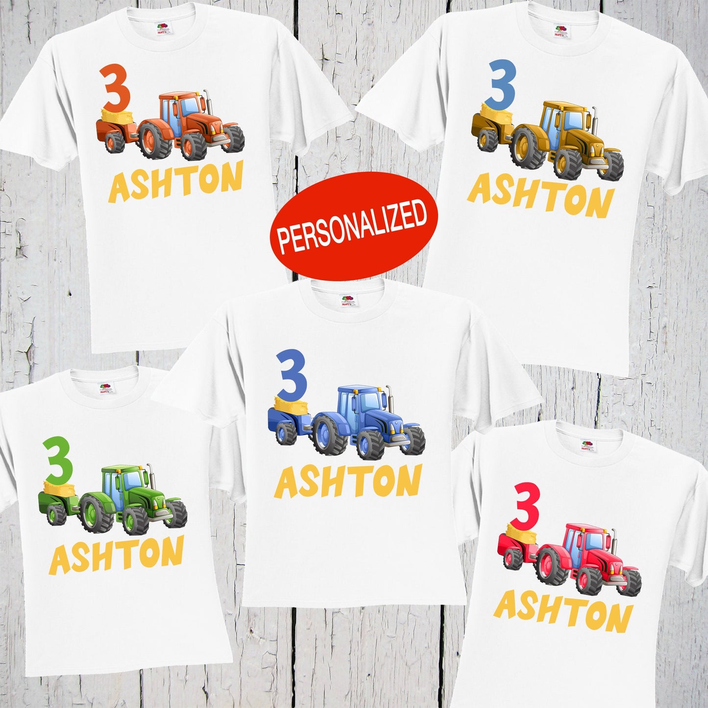 Tractor Birthday Shirt, Barnyard Birthday, Custom Birthday, Red Green Yellow Blue Orange Tractor, Boy First Birthday, 2nd 3rd 4th Farm Tee