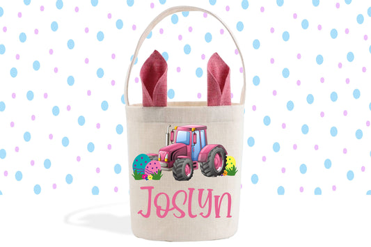 Pink Tractor Easter Basket, Girls Easter Basket, Pink Bunny Ears, Gift Basket, Custom Easter Pail, Personalized Easter Bunny Bag, Egg Basket