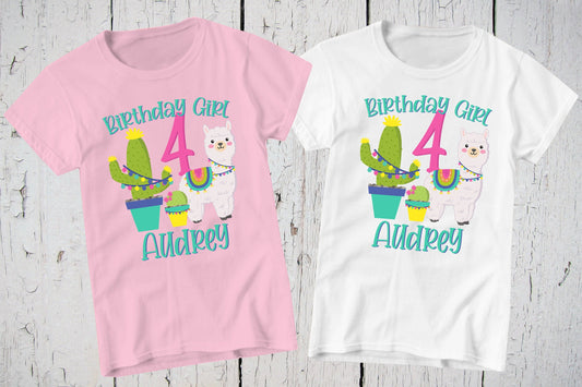 Personalized Llama Birthday Girl Shirt, 4th Birthday, Customizable Shirts, Birthday Gift Girl, Llama Gift, Llama Shirt, Cactus Birthday Tee