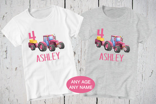 Pink Tractor Shirt, Girls Tractor Birthday, Personalized Birthday Shirt, Farm Girl Shirt, Girls Pink Tractor Shirt, Custom Barnyard Shirt