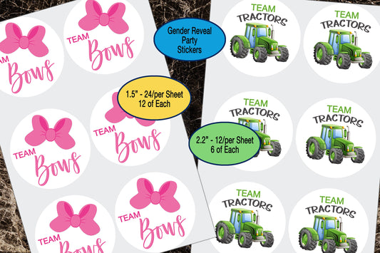 Gender Reveal, Team Bows, Team Tractors, Sticker Sheet, Party Favor Decals, Team Boy, Team Girl, Gift Bag Stickers, Baby Shower Stickers