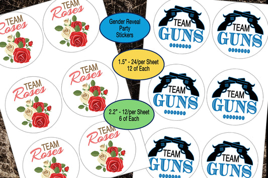 Gender Reveal, Team Guns, Team Roses, Sticker Sheet, Favor Tag Labels, Team Boy, Team Girl, Baby Shower Sticker, Gender Reveal Party, He She