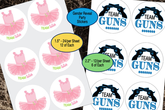 Gender Reveal, Tutus & Guns, Sticker Sheet, Gender Reveal Favors, Team Boy, Team Girl, Gift Bag Sticker, Baby Shower Sticker, He and She