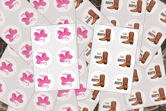 Team Bows, Team Boots, Gender Reveal, Sticker Sheet, Party Favor Labels, Team Boy, Team Girl, Baby Shower Sticker, Pink or Blue, Cowboys