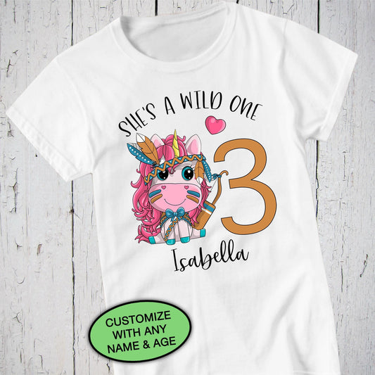 She's A Wild One Unicorn Tshirt, 3rd Birthday Shirt, Toddler Shirt, Personalized Shirt, Kid Birthday Shirts, Unicorn Party, Unicorn Name Tee