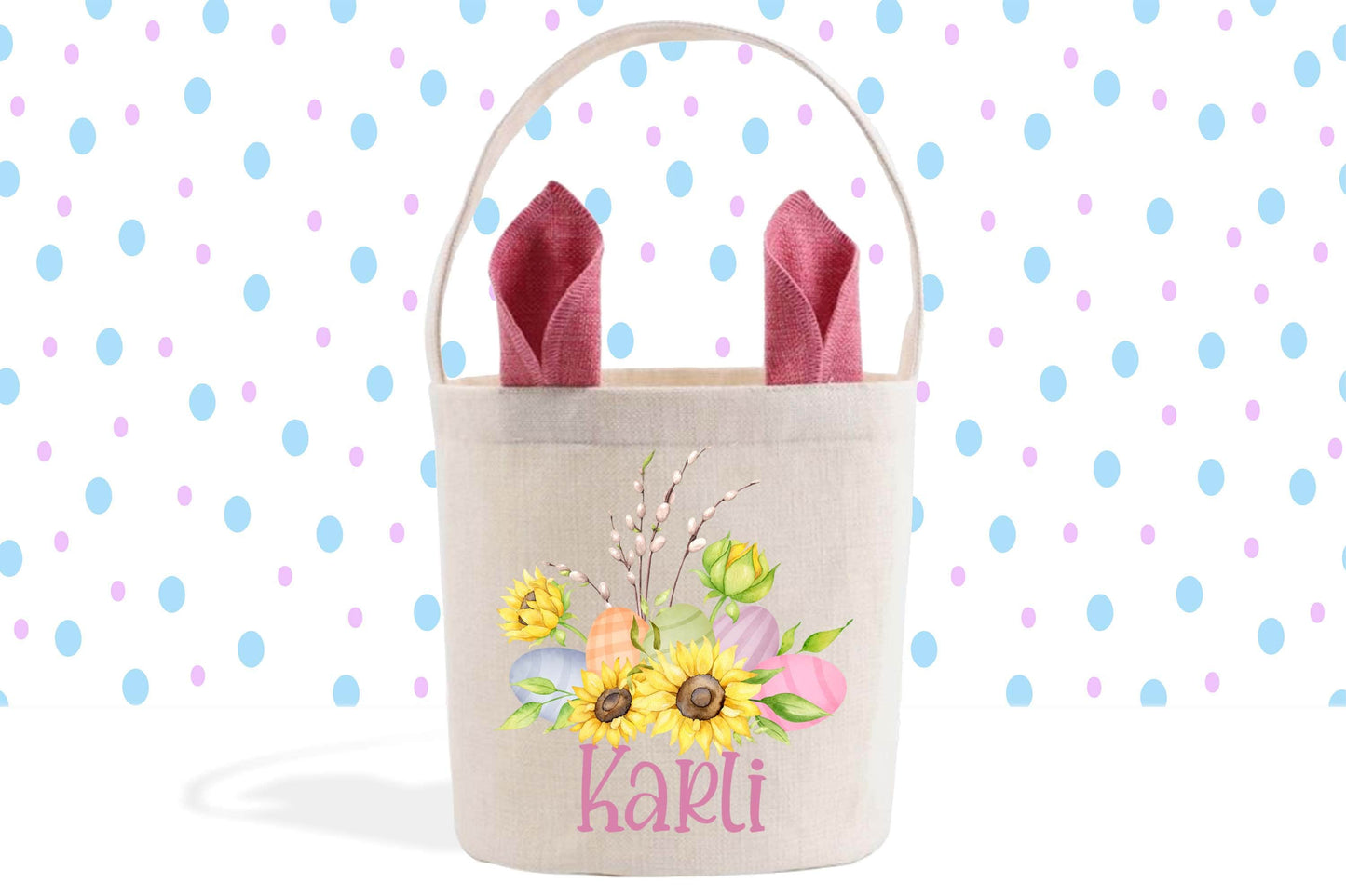 Easter Basket, Sunflower Gifts, Easter Eggs, Pink Bunny Ears, Gift Basket, Easter Decor, Personalized Basket, Easter Gift, Easter Egg Hunt