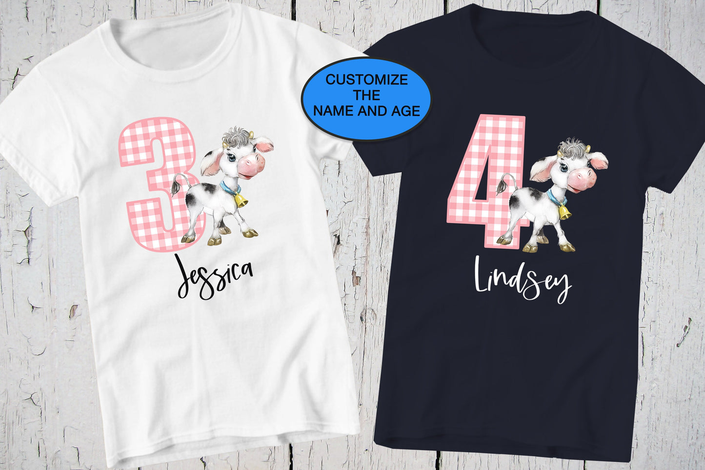 Cute Cow Print Birthday, Gingham Number Shirt, Personalized Shirt, Cowgirl Birthday, Toddler Cow Shirt, Farm Animal, Barnyard Birthday Party