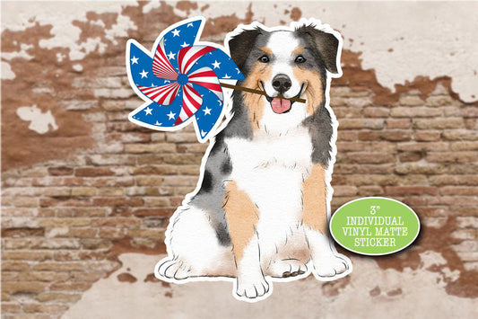 Australian Shepherd Sticker, Patriotic July 4, USA American Flag, Cute Dog Sticker, Journal Laptop, Gift for Friend, Aussie Mom, Aussie Dad