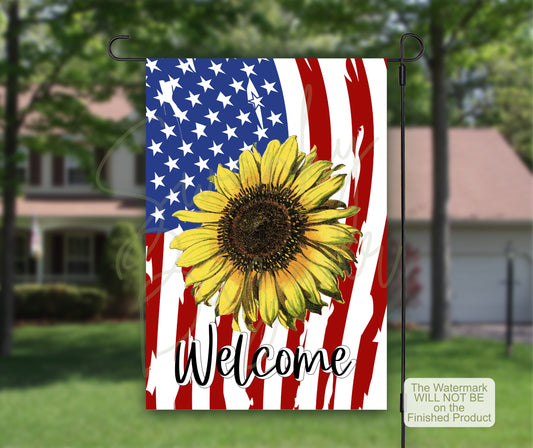 Sunflower American Flag, Welcome Garden Flag, House Flag, Garden Art, Outdoor Flag, Garden Gift, Summer Garden Flag, Patriotic July 4 Banner