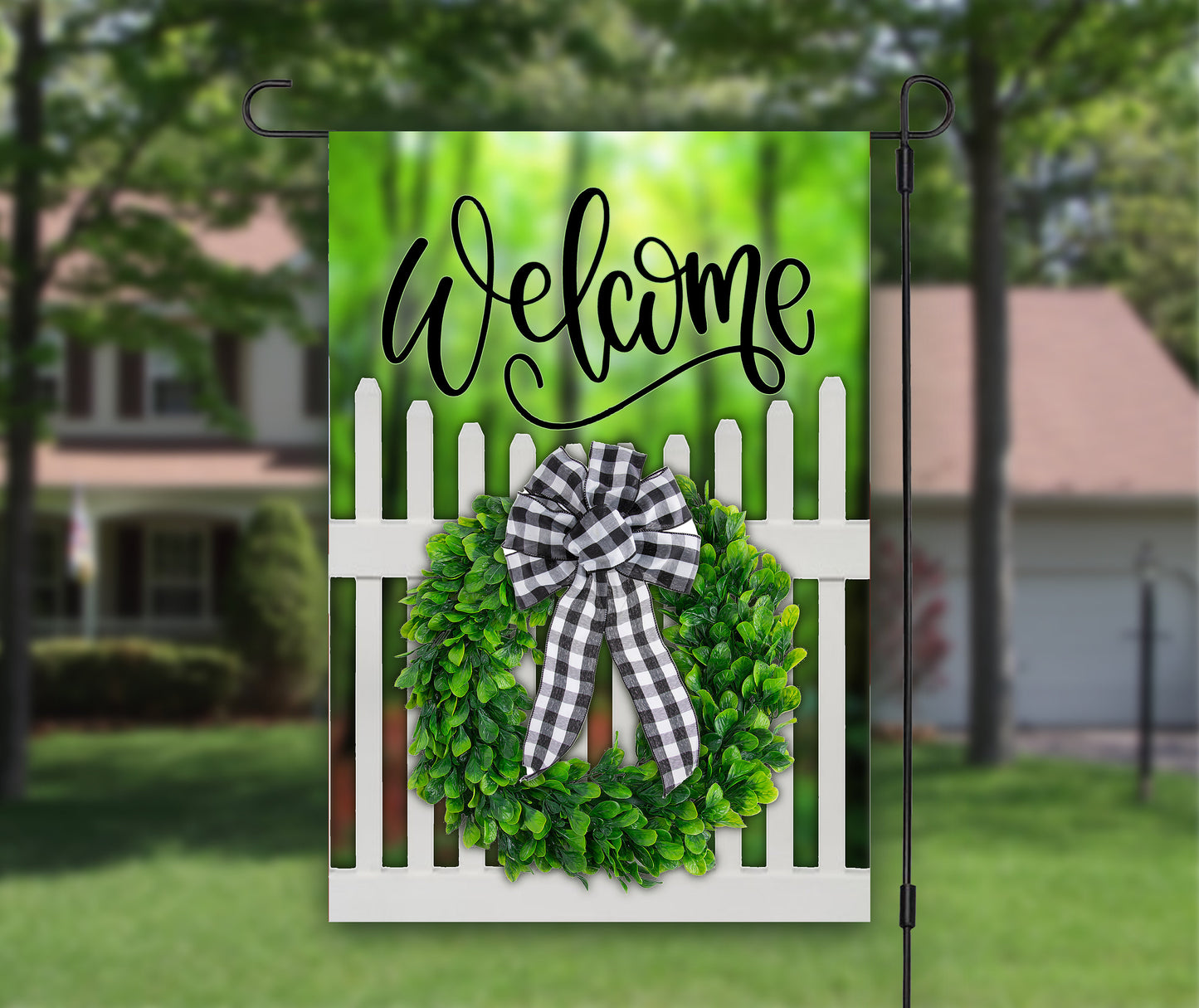 Welcome Sign, House Flag, Boxwood Wreath, Picket Fence, Garden Flag, Outdoor Flag, Summer Flag, Seasonal Flag, Housewarming Gift, Home Decor