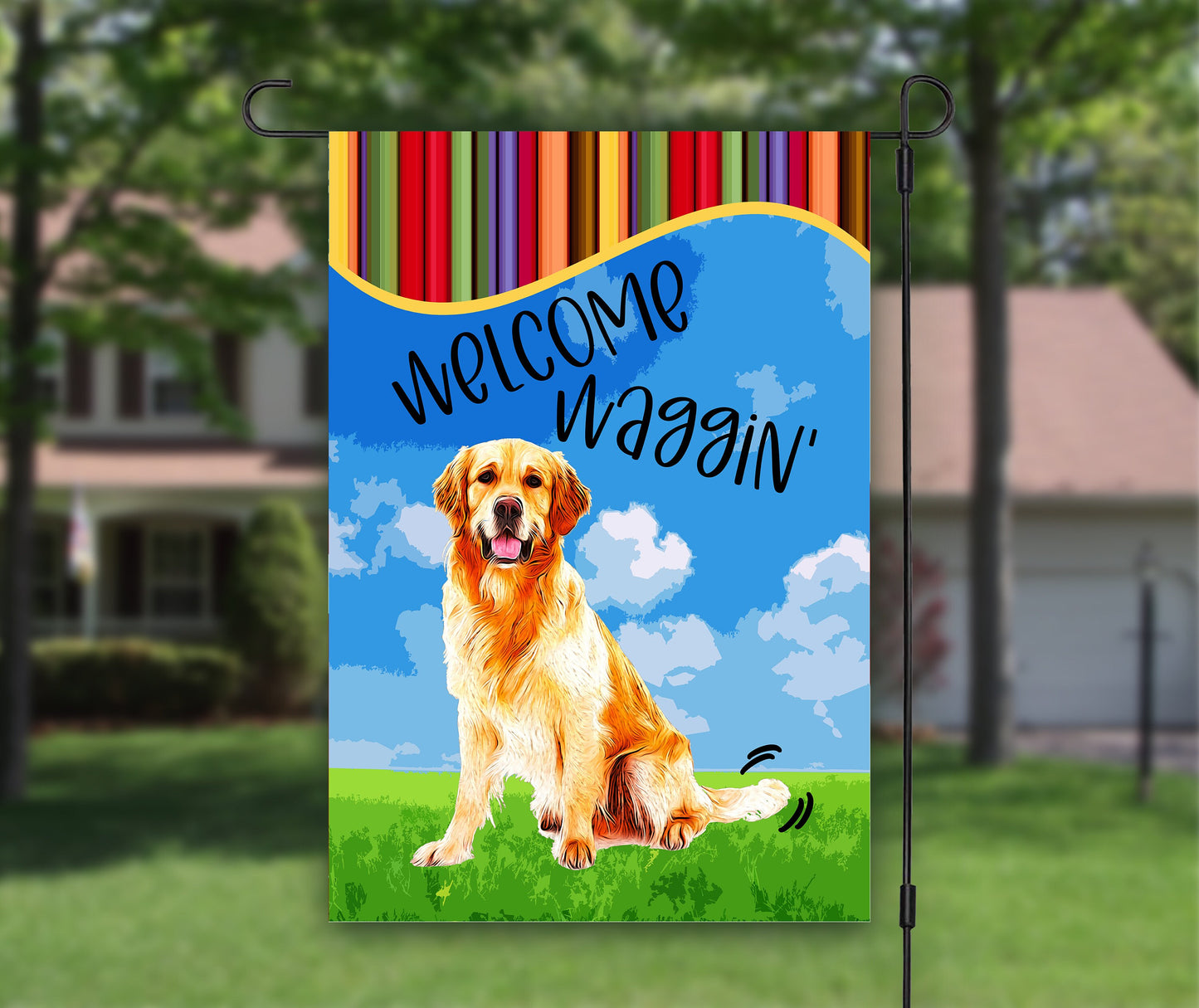 Welcome Garden Flag, Welcome Waggin, Golden Retriever, House Flag, Outdoor Flag, Summer Garden Flag, Dog Owner, Dog Garden Flag, Dog Warning