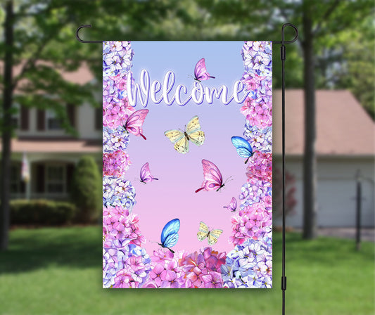 Butterfly Art, Welcome Garden Flag, House Flag, Garden Art, Outdoor Flag, Garden Gift, Summer Garden Flag, Hydrangeas Flowers Garden Gift