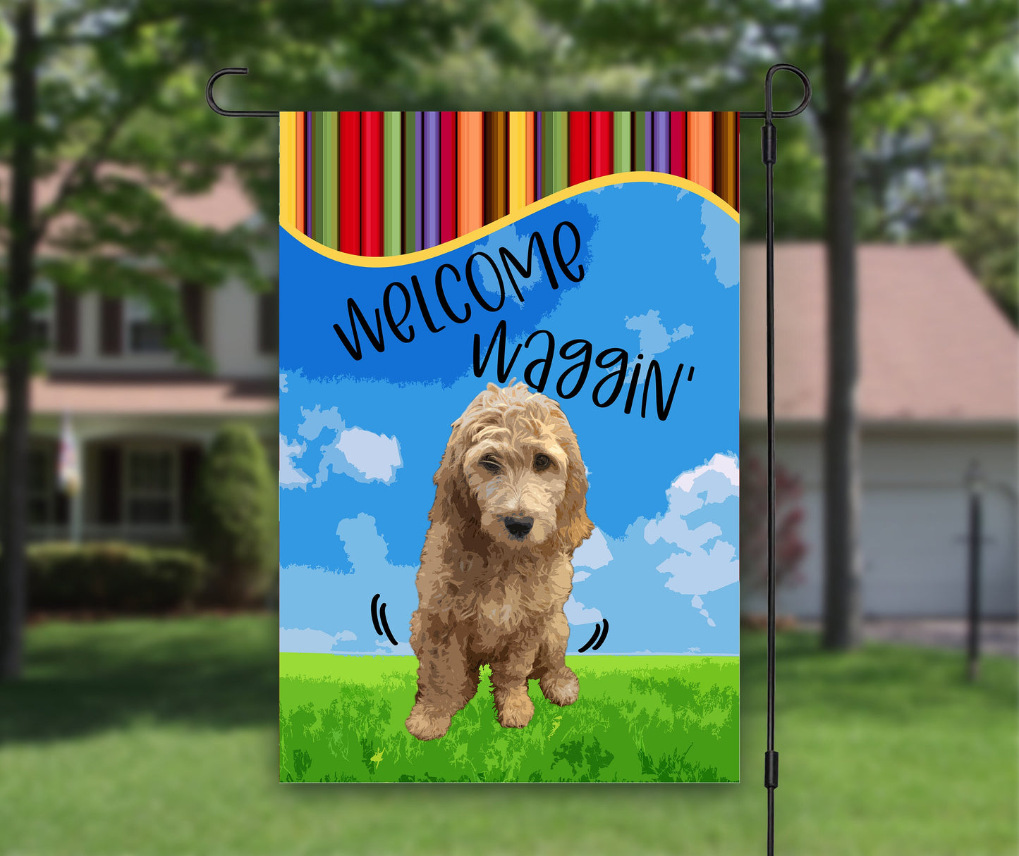 Welcome Waggin Dog Garden Flag, Golden Doodle, Goldendoodle Dog, Labradoodle Mom, House Flag, Outdoor Flag, Summer Garden Flag, Dog Owner