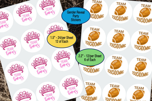 Team Tiaras, Team Touchdowns, Gender Announcement, Sticker Sheet, Pregnancy Reveal Decor, Gender Reveal Favor, He or She, Football Decals