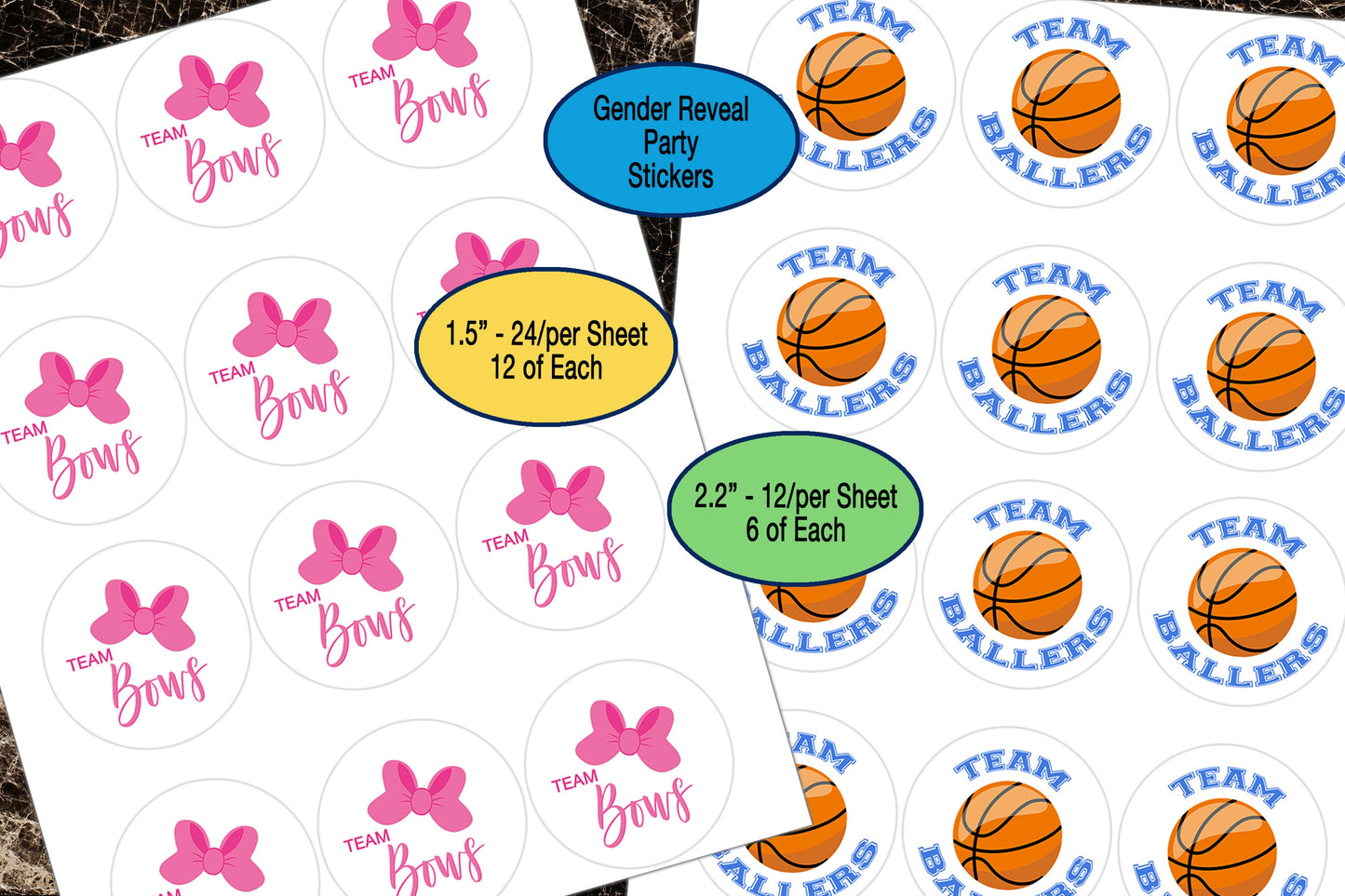 Team Bows, Team Ballers, Gender Reveal, Sticker Sheet, Party Favor Labels, Team Boy Team Girl, Baby Shower Sticker, Pink or Blue, Basketball