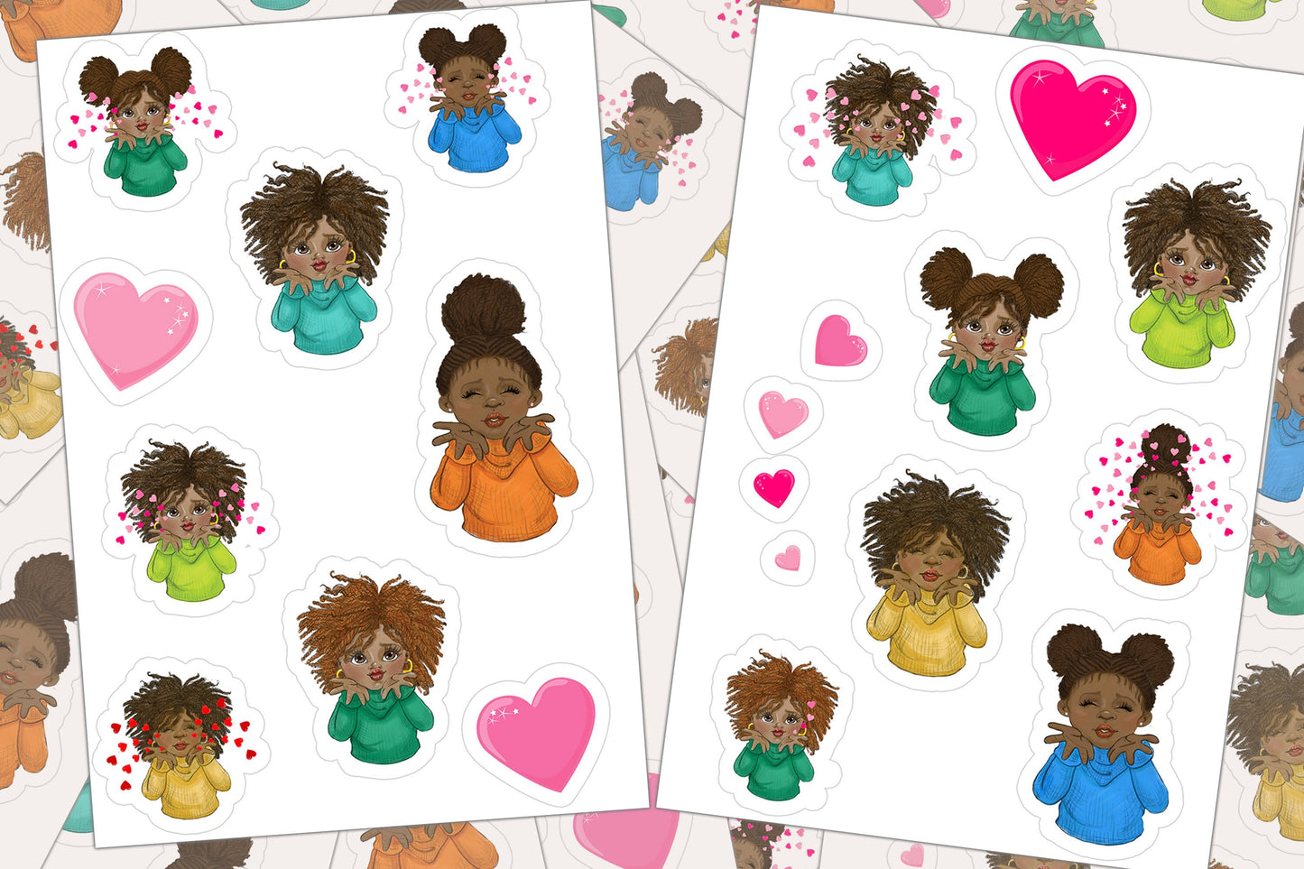 Black Girl Sticker Sheet, Blowing Kisses, African Stickers, Journal Sticker Planner Sticker, Birthday Party Favors, Goodie Bag Filler Hearts