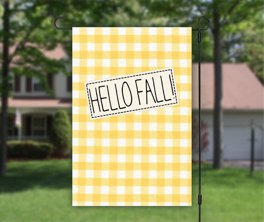 Hello Fall Yellow Plaid Porch Flag, Camping Flag, Outdoor Flag, Fall Garden Flag Design, House Flag, Yard Flag, Thanksgiving Gift for Her