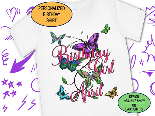 Butterfly Birthday Girl Shirt, Butterfly Top, Butterfly Party T Shirt, Personalized Shirt, Butterflies Birthday Shirt, Girls Birthday Shirt