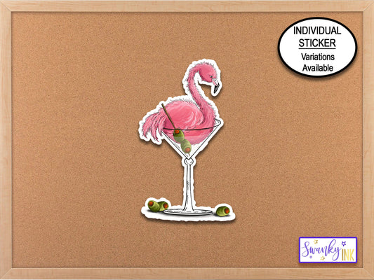 Pink Flamingo Martini Glass Stickers for Planner, Phone Case Sticker, Laptop Stickers, Cocktail Party Favor Sticker, Bachelorette Sticker