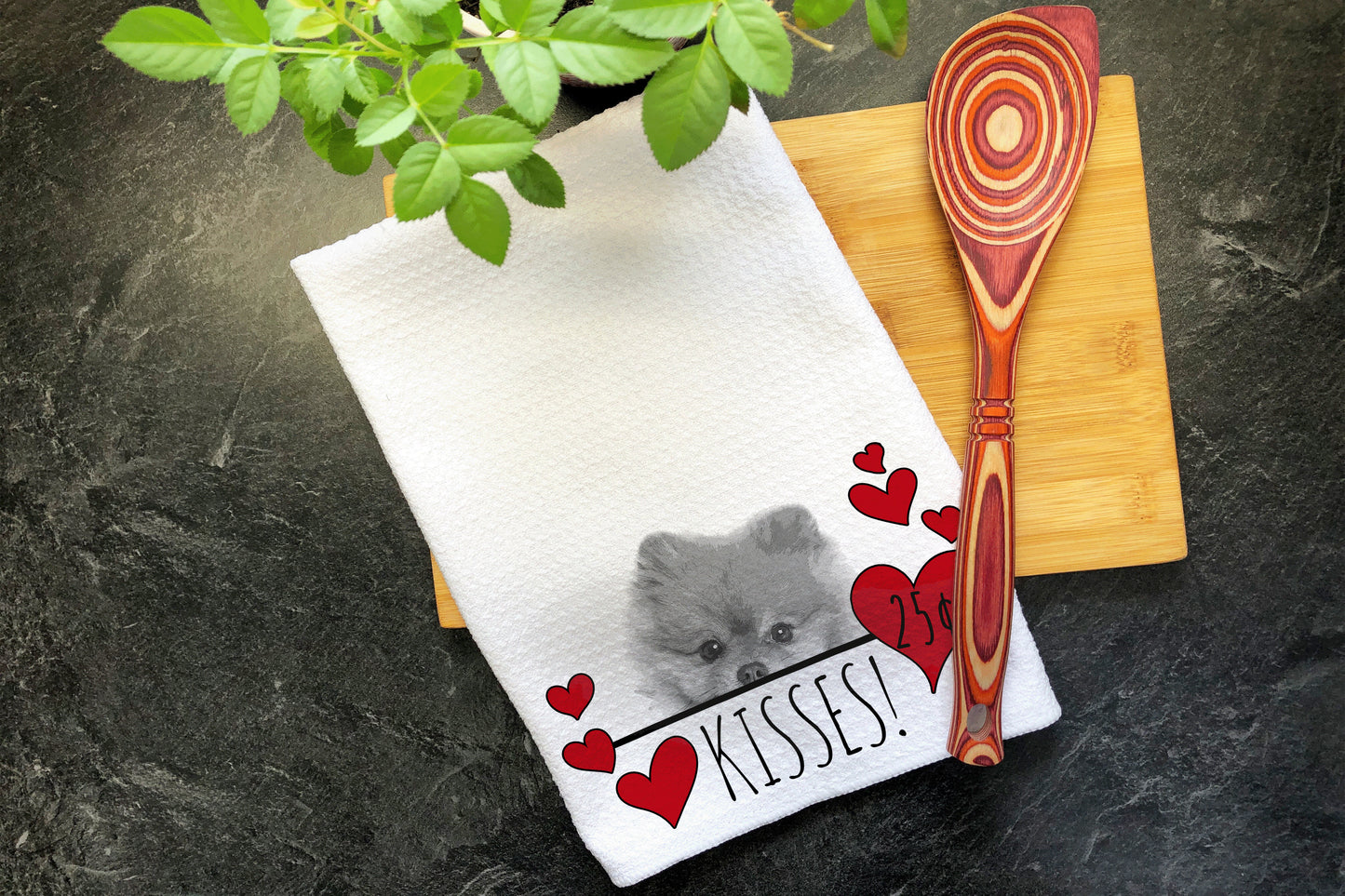 Pomeranian Dog Kisses Valentines Day Gift for Mom, Pom Mama Gift, Valentine Gift Hearts Dish Towel, Pom Dad Valentines Dog Kitchen Tea Towel