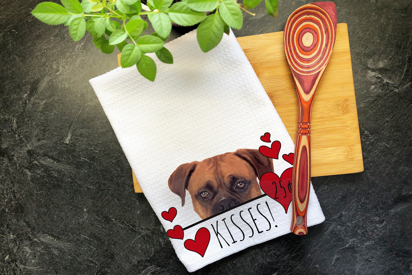 Boxer Dog Kisses Valentines Day Gift for Mom, Boxer Mom Valentine Gift, Hearts Dish Towel, Boxer Dad Valentines Dog Gift, Kitchen Tea Towel