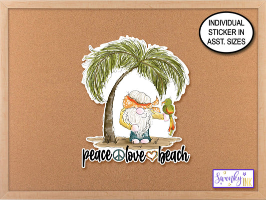 Peace Love Beach Gnome Sticker, Summer Gnome, Watercolor Summer Hippie Gnome, Boho Vinyl Sticker, Bohemian Gnome, Palm Tree Parrot Heart Art