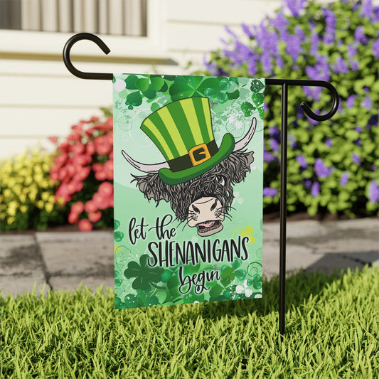 Highland Cow St Patricks Day Welcome Garden Flag, Let The Shenanigans Begin St Patrick's Day Funny Garden Flag, Irish Farmhouse House Flags