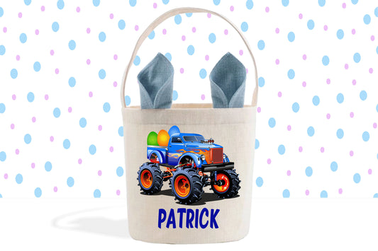 Monster Truck Personalized Easter Basket, Easter Egg Hunt, Toddler Boy Easter Gifts, Easter Bunny Ears Linen Bucket Bag, Fabric Easter Tote