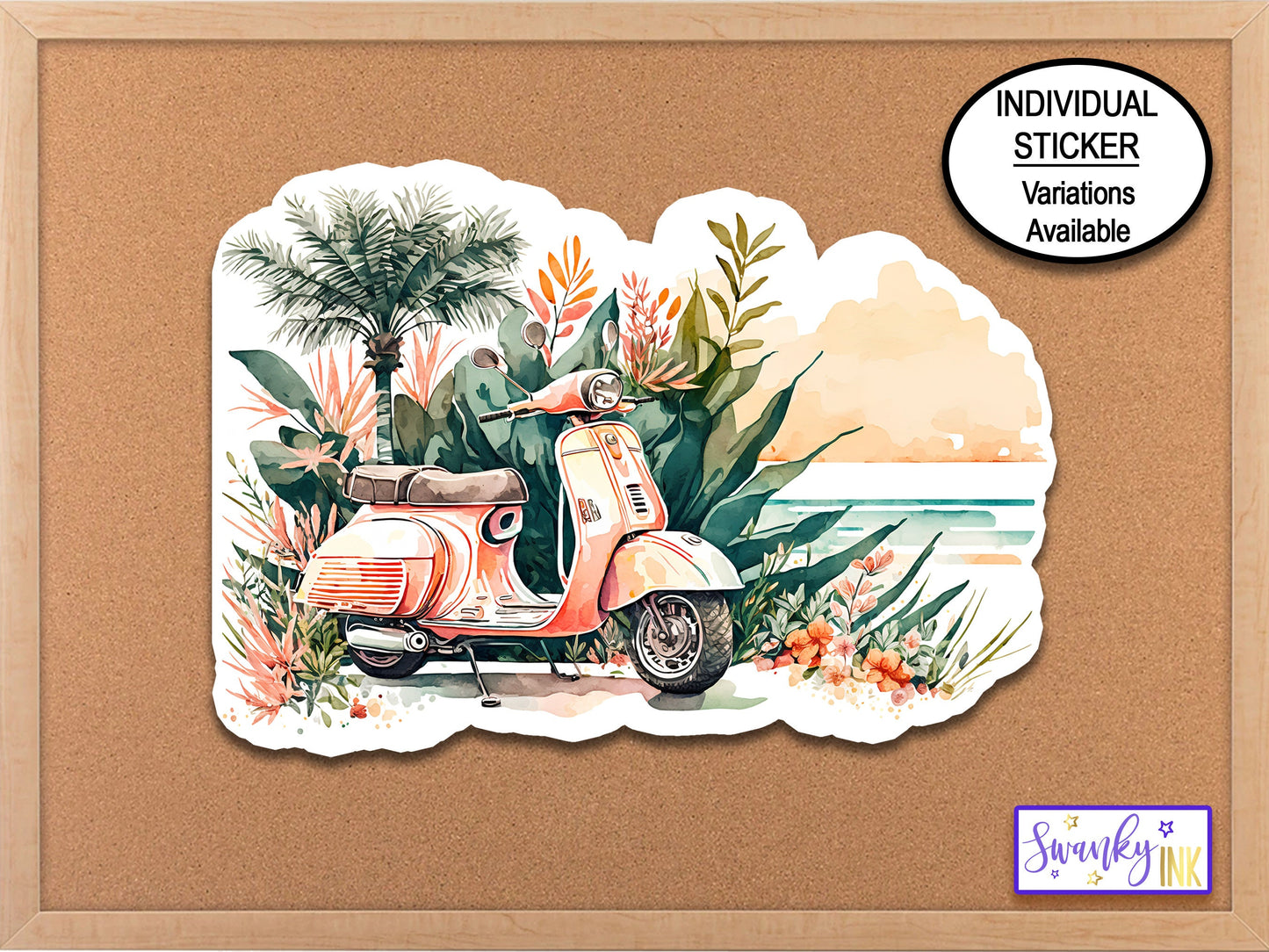 Pink Scooter Planner Sticker, Travel Sticker, Tropical Flowers Palm Tree Sticker, Water Bottle Sticker, Phone Sticker, Motorcycle Sticker