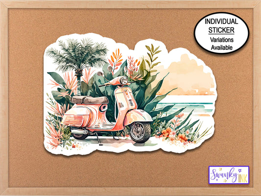 Pink Scooter Planner Sticker, Travel Sticker, Tropical Flowers Palm Tree Sticker, Water Bottle Sticker, Phone Sticker, Motorcycle Sticker