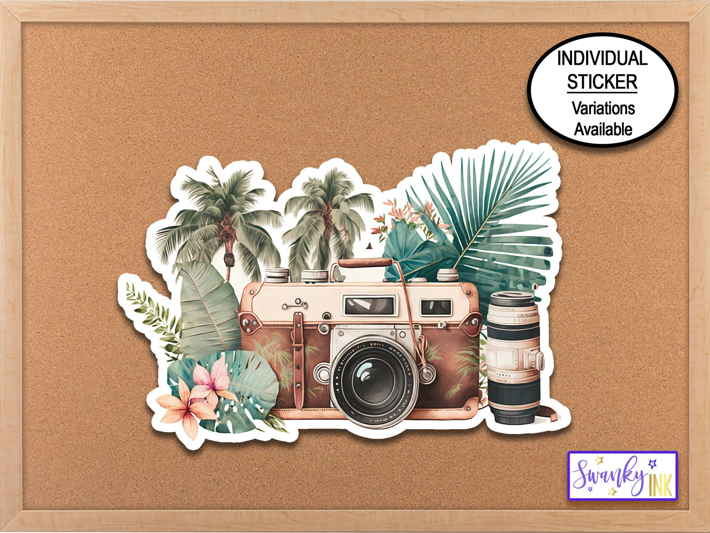 Retro Camera Sticker, Tropical Flowers Travel Sticker Decal, Vintage Film Camera Water Bottle Sticker, Journal Stickers, Photographer Gifts