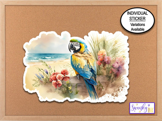 Blue & Gold Macaw Parrot Tropical Flowers Sticker, Rainforest Bird, Jungle Wall, Nature Sticker, Tropical Leaves, Ocean Waves, Safari Theme