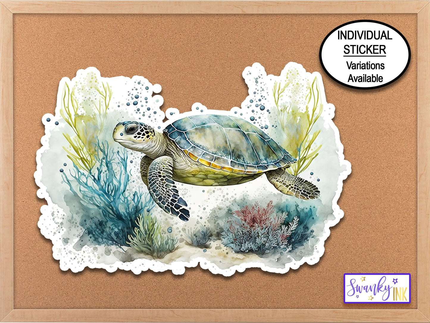 Swimming Sea Turtle Watercolor Clip Art Ocean Laptop Sticker, Water Bottle Sticker, Phone Case Sticker, Turtle Lover Gift, Planner Stickers