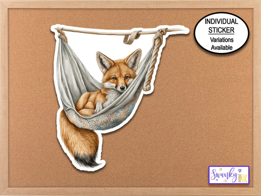 Red Fox in Hammock Sticker, Water Bottle Sticker, Journal Stickers, Laptop Stickers, Camping Sticker, Cozy Sticker, Woodland Animal Sticker