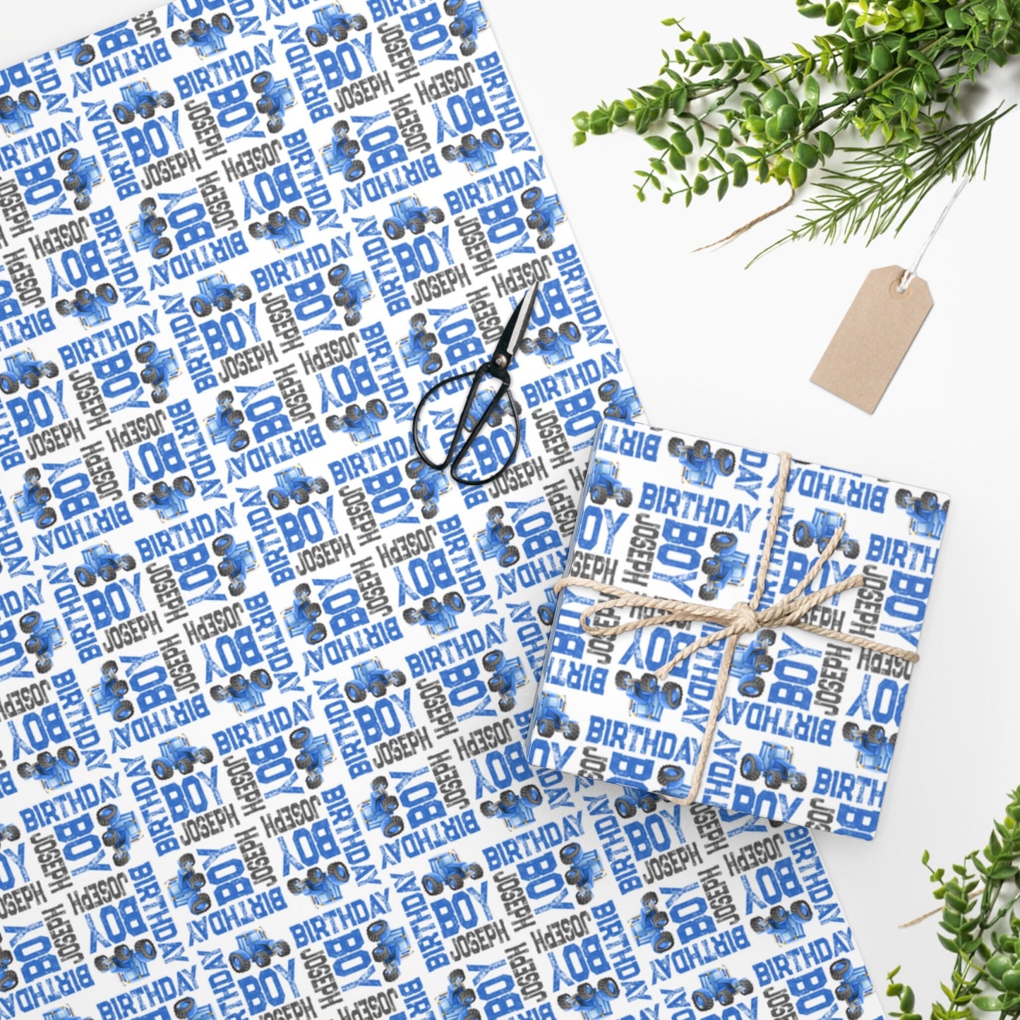 Blue Tractor Birthday Boy Personalized Gift Wrapping Paper, Farm Party Gift Wrap Paper, Baby Shower Wrapping Paper Roll, Personalized Name