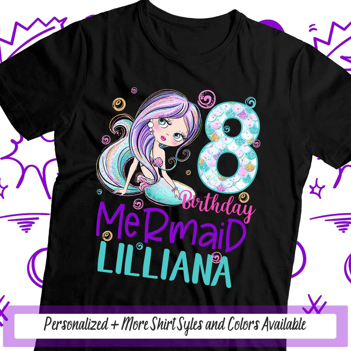 Mermaid Birthday Shirt, Girls Birthday Party Shirt, Personalized Shirt, Mermaid Theme Beach Party Outfit, Mermaid Tail, 8th Birthday Shirt