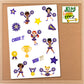 Gold & Purple Cheerleader Clipart Sticker Sheet, Multicultural Black Girl Sticker, Planner Sticker, Cheer Calendar Stickers, Journal Sticker