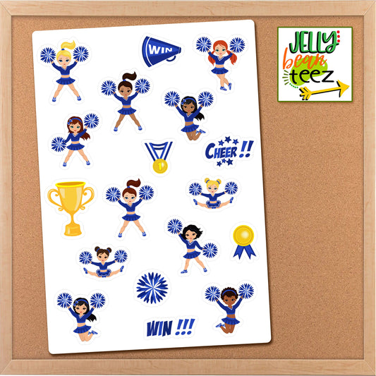 Blue & White Cheerleader Clipart Sticker Sheet, Multicultural Black Girl Sticker, Planner Stickers, Cheer Calendar Stickers, Journal Sticker