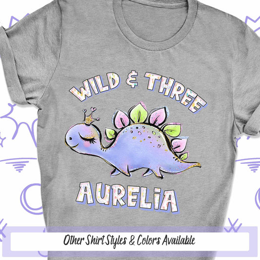 Personalized Wild & Three Dino Birthday Shirt, Girl Dinosaur Birthday Party Shirt for Kids, Third Birthday Girl Shirt, Dinosaur Party Outfit