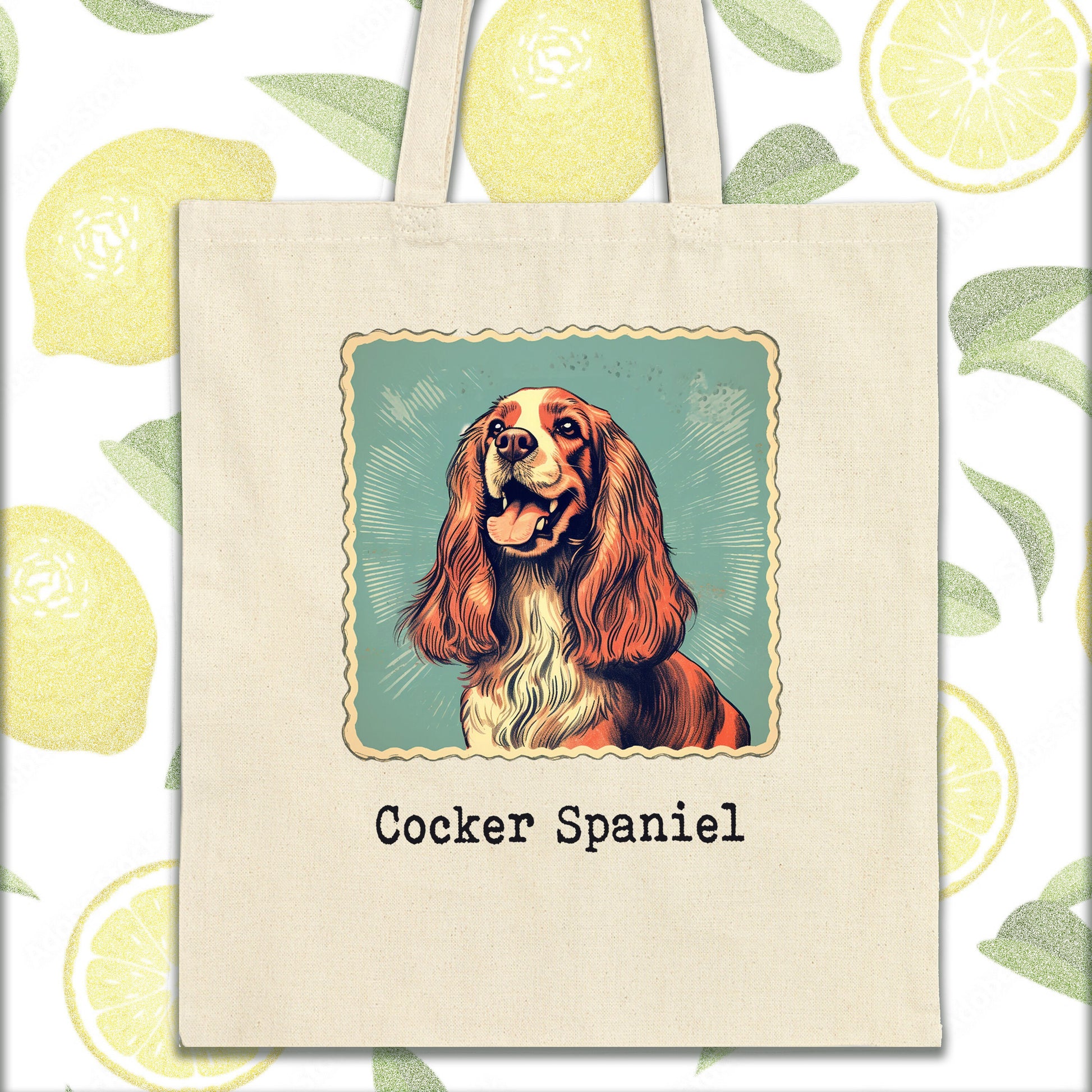 a picture of a cocker spaniel on a tote bag