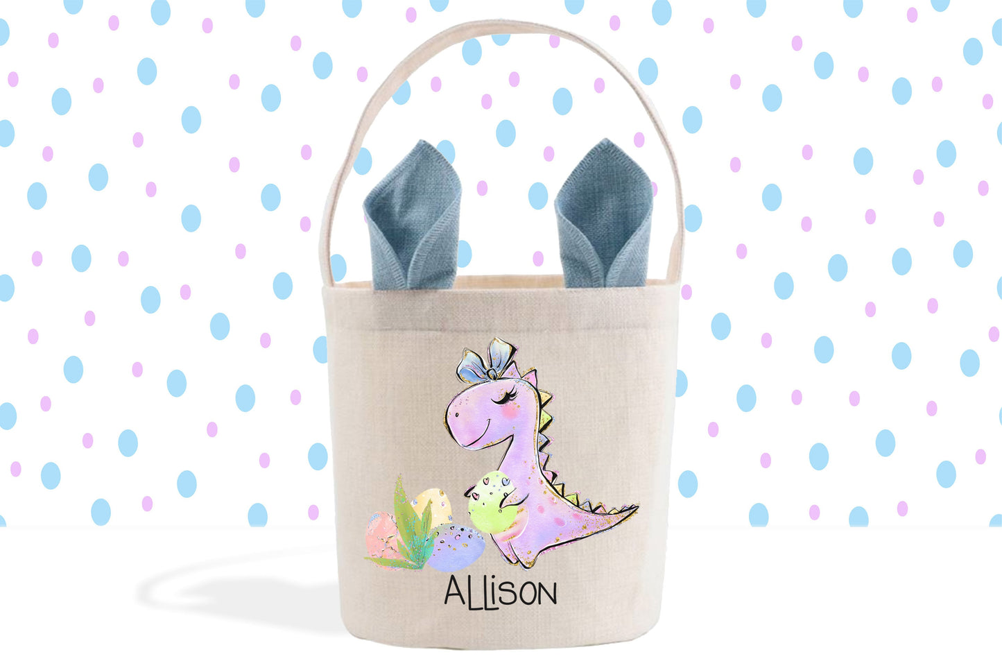 a bag with a dinosaur design and two blue napkins sticking out of it