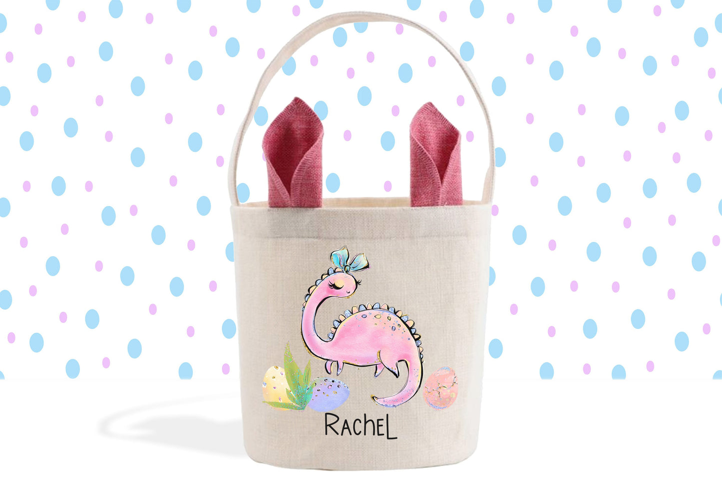 a bag with two pink dinosaur ears sticking out of it