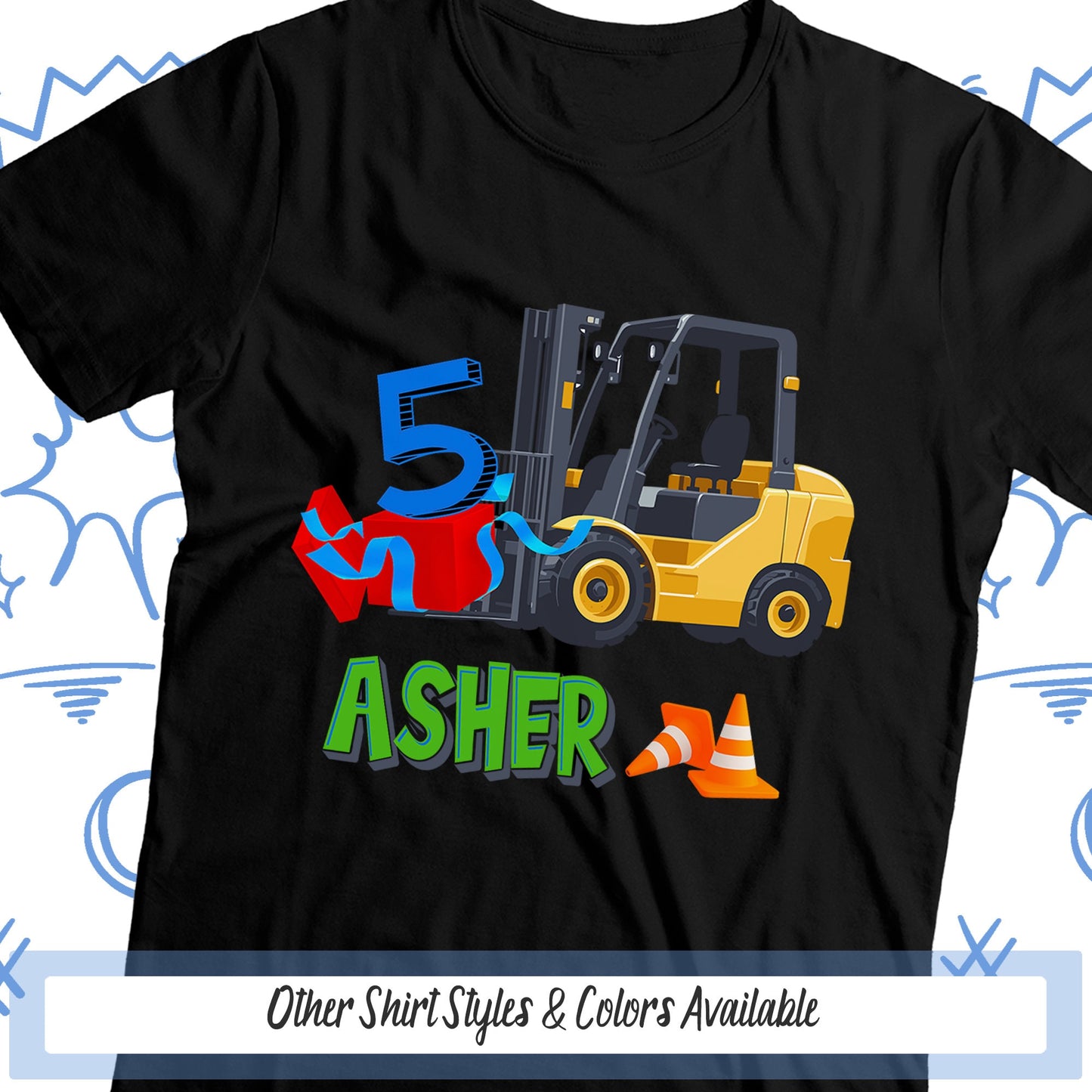 a black shirt with a forklift and the number five on it