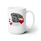 a white coffee mug with a black dog on it