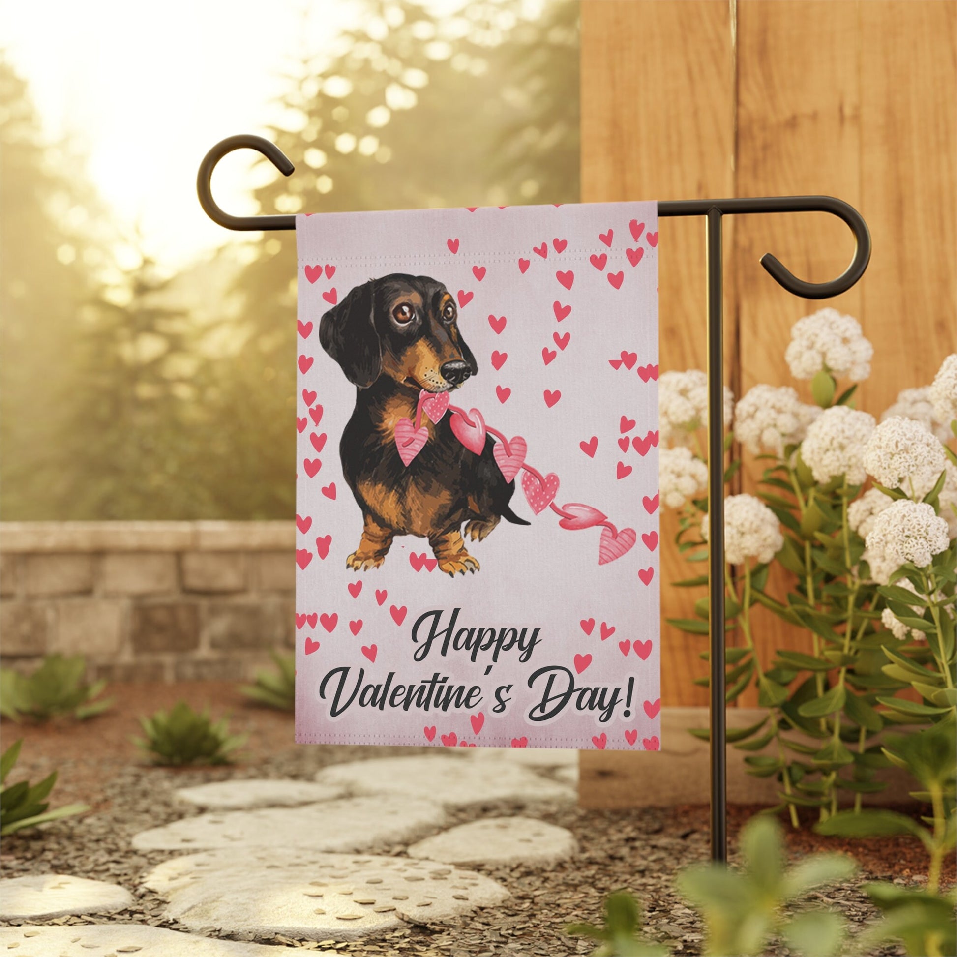 a happy valentine&#39;s day card with a dachshund holding a bow