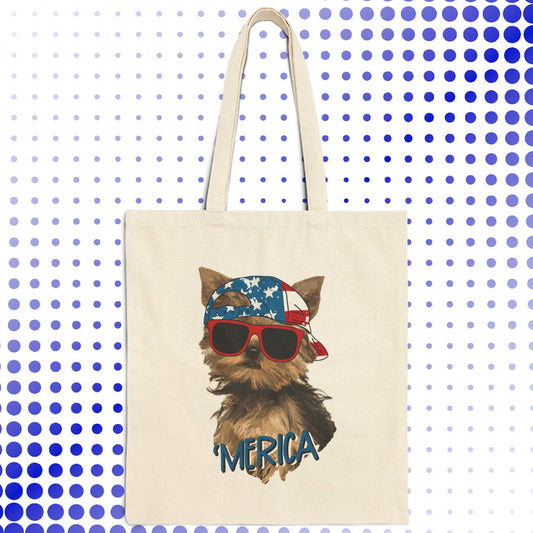 a tote bag with a picture of a dog wearing sunglasses